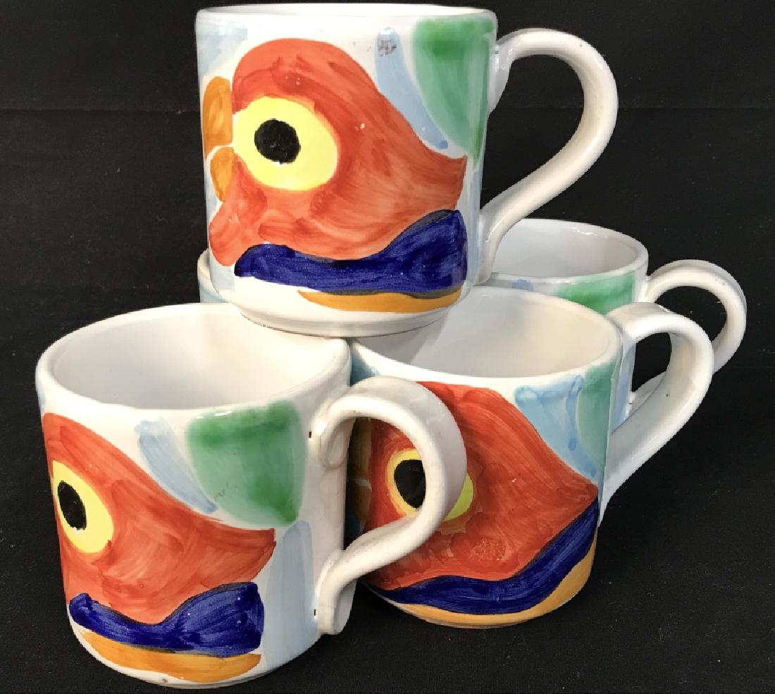 Set of 5 Pottery Parrot Mugs: Set of 5 Pottery Parrot Mugs, 3 in x 5 in, 1 with small chip, otherwise good condition, reds, green and blue, tea / coffee service, tableware
