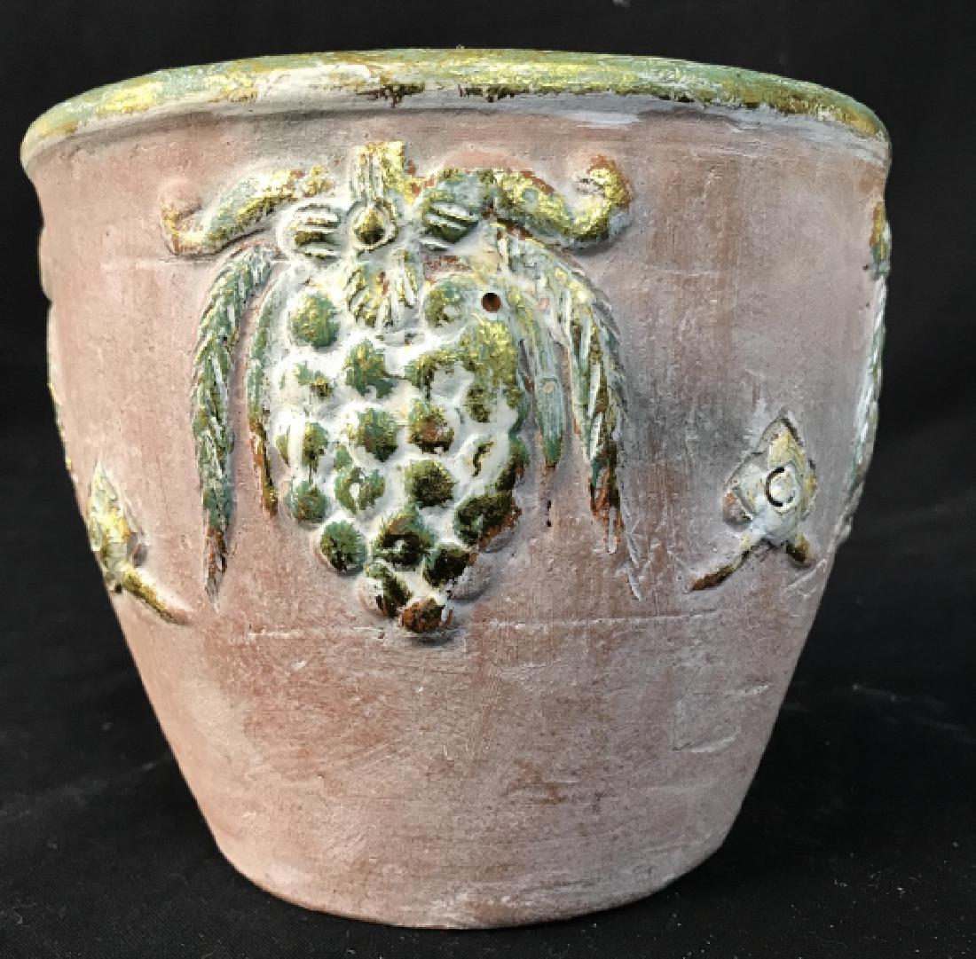 Vintage Pottery Planter: Vintage Pottery Planter, 6 1/2 x 5 1/2 in, Painted terra-cotta clay, good condition, pineapple motifs, swags, marked underside Indonesia, Planters, Cachepot, Terra-cotta, Clay, Vessel, 5