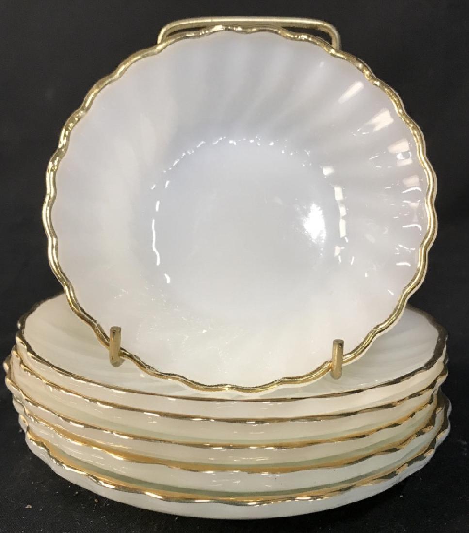 Set of 6 Milk Glass Plates And Dish: Set of 6 Milk Glass Plates And Dish, largest measures 6 in diameter, undersides marked oven proof, dinnerware by Anchor Hocking, good condition, Dishes, Tableware, Kitchenware, Milk Glass, Everyday Di