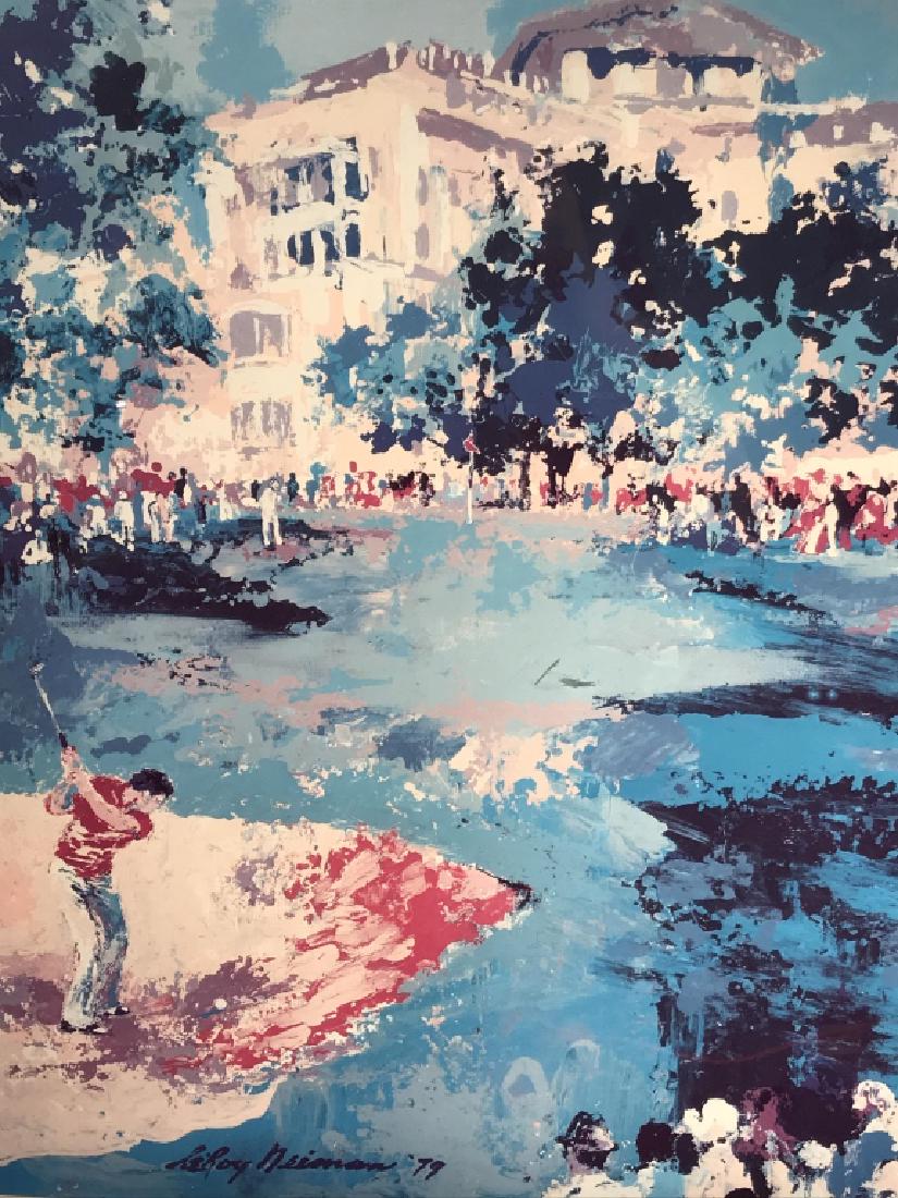 Signed LeRoy Neiman Offset Lithograph: Framed LeRoy Neiman offset lithograph depicting Westchester golf tournament. Verso has label with information from Ross Gallery on lithograph, including that it is pencil signed. No pencil signature i
