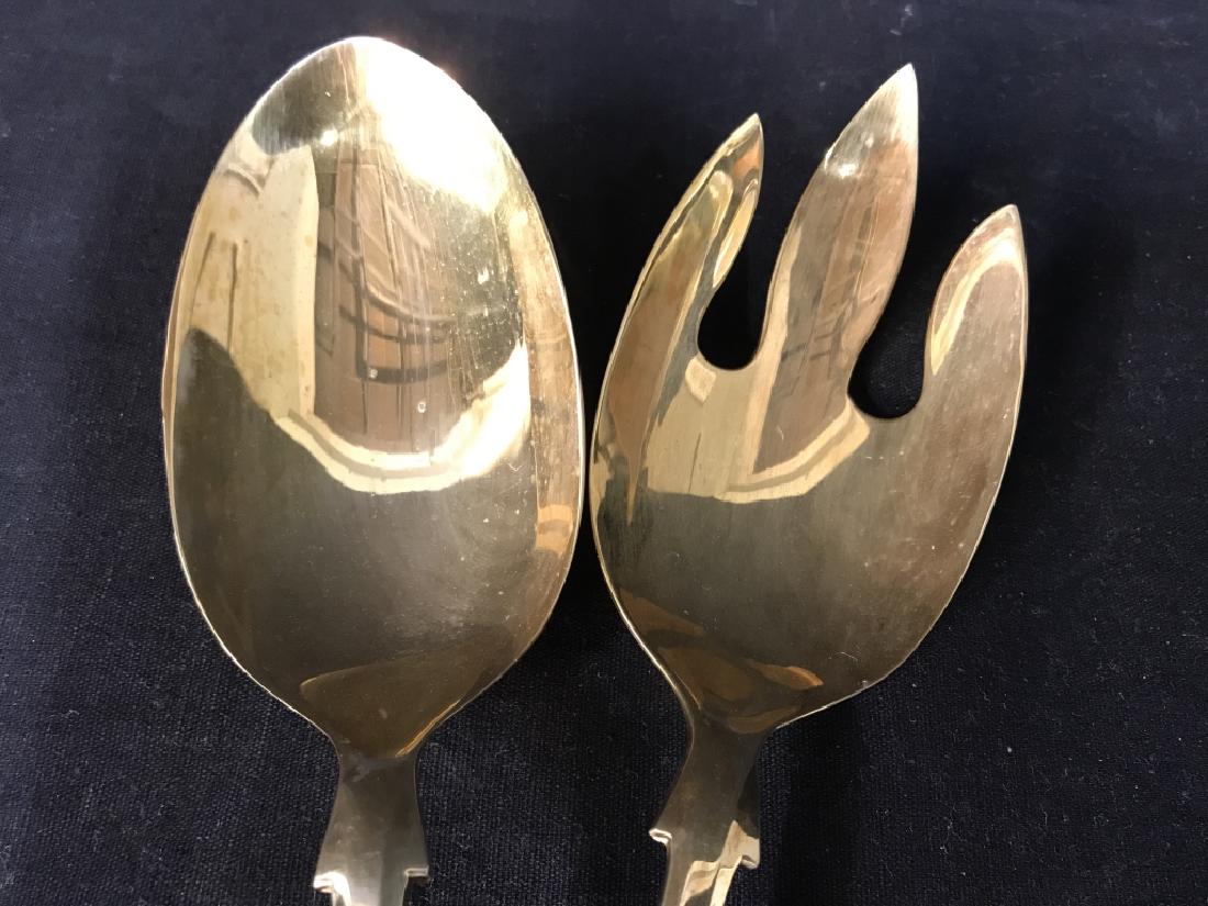 Gold Toned Serving Utensil Set, England: Gold Toned Serving Utensil Set, 13 in x 3 in, includes a fork and spoon, in clue tarnish free bag, hall marked on underside for Silver Plate, good condition, Silver Plate Utensils, Forks, Spoons, 5