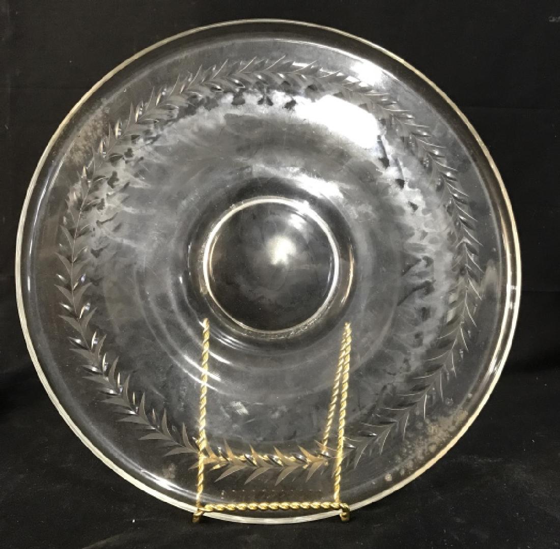 Vintage Cut Glass Serving Platter: Vintage Cut Glass Serving Platter, 14 in diameter, etched Leaf designs into underside, good condition, Cut Glass Serving Ware, Platter, Glass, Cut Glass, vintage Kitchenware, Tableware, 5
