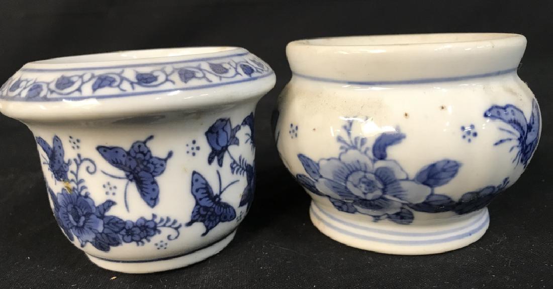 Near Pair Miniature Ceramic Planters: Near Pair Miniature Ceramic Planters, Larger 2 1/2 x 2 3/4 in, both blue and white and underside marked China, Chinese Ceramics, Blue And White Pottery, Tableware, Kitchenware, Vessels, Planters, Trin
