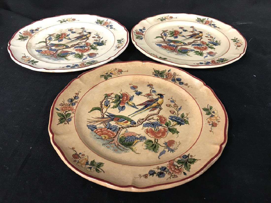 ROUEN V&B.M Porcelain Plates: Porcelain plates has floral, leaf, and pheasant detail. Measures approx 8 inches diameter. Rims of plates are red toned. Needs cleaning, contains crazing. tableware, dinner plates, decor pieces, shelf