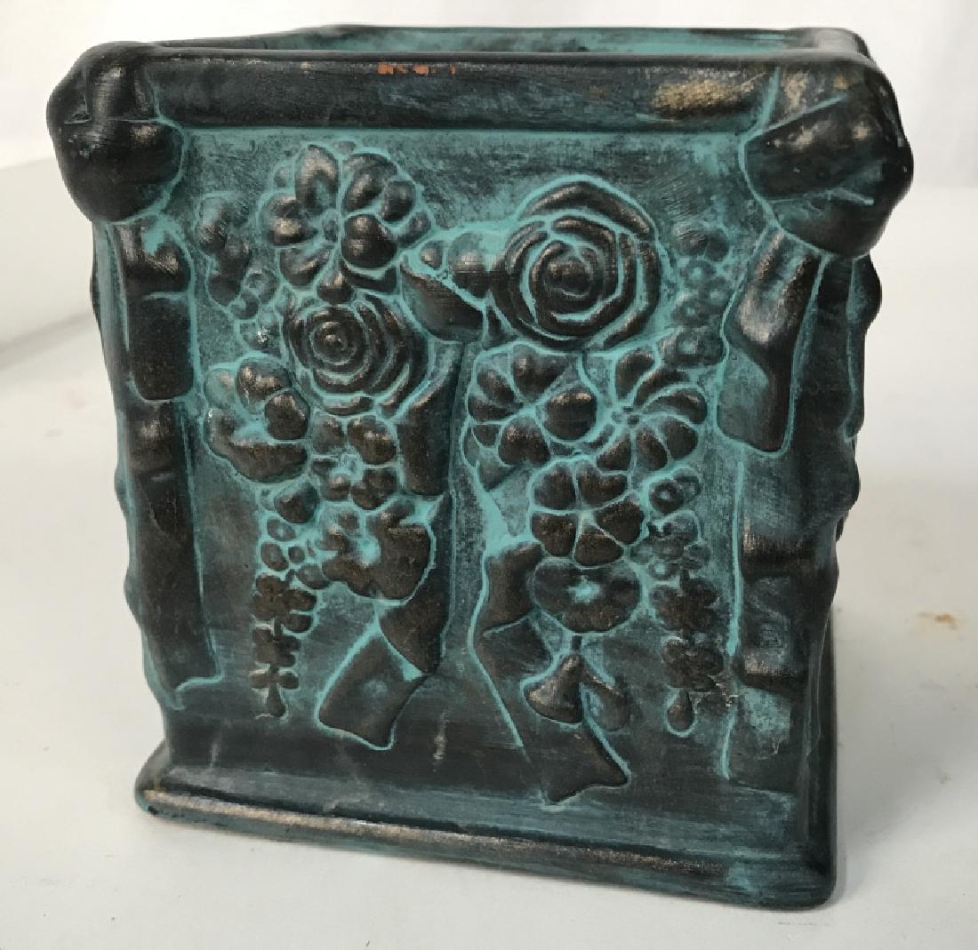 Glazed Ceramic Planter Vessel: Glazed Ceramic Planter Vessel, 4 1/2 tall x 4 in square, green coppery glaze, floral reliefs, each corner Punctuated with rose Bud, good condition, Planter, Tabletop Decor, Vase, Flower VESSEL,cache p