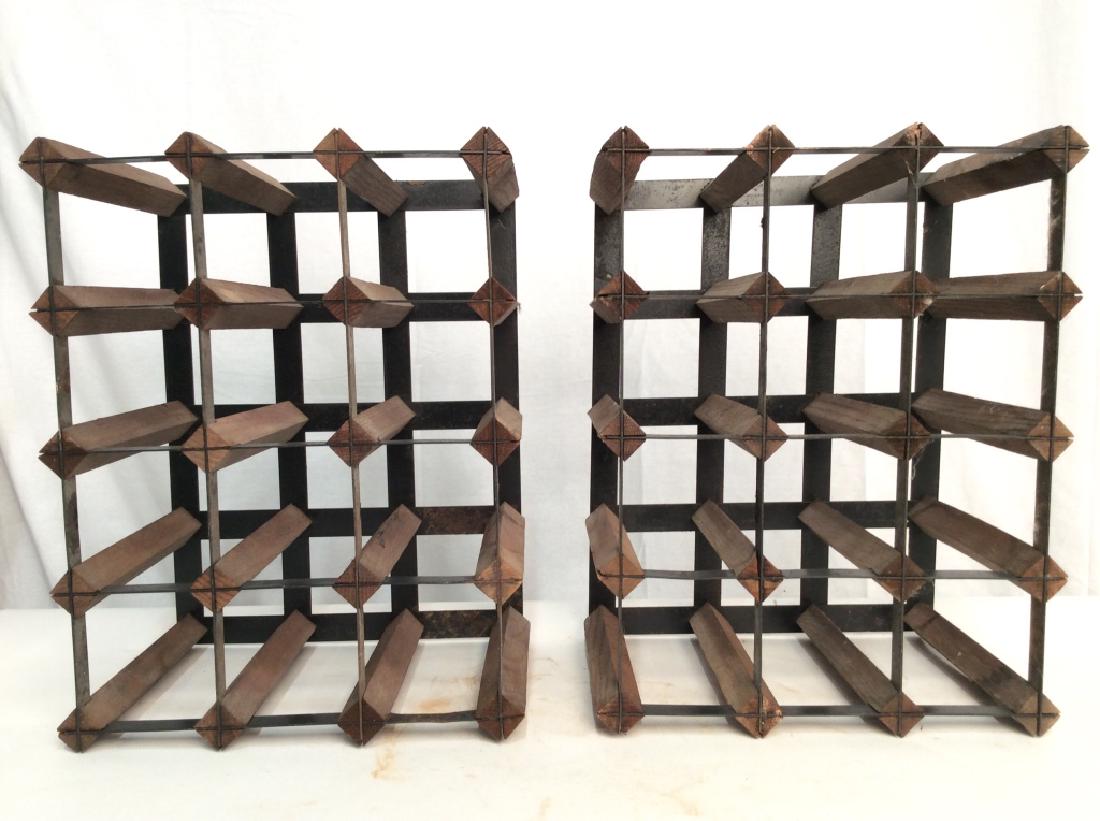 Pair Wood & Metal Wine Racks: Lot includes 2 12 space metal and wooden. Each measures approx 16.5 inches tall 9.5 inches deep, 12.5 inches wide. Wine racks, bar accessories 6.