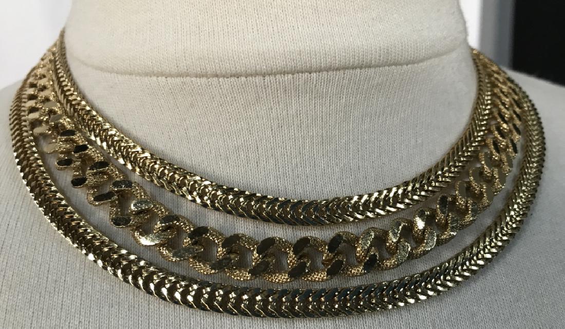 Triple Chain Choker Necklace, Signed: Triple Chain Choker Necklace, Signed, 15 in Adjustable, Signed Monet, good condition, comprising 3 Link chains joined at clasp to form a wide look, Monet Costume, Signed Fashion Jewelry, Ladies Costum
