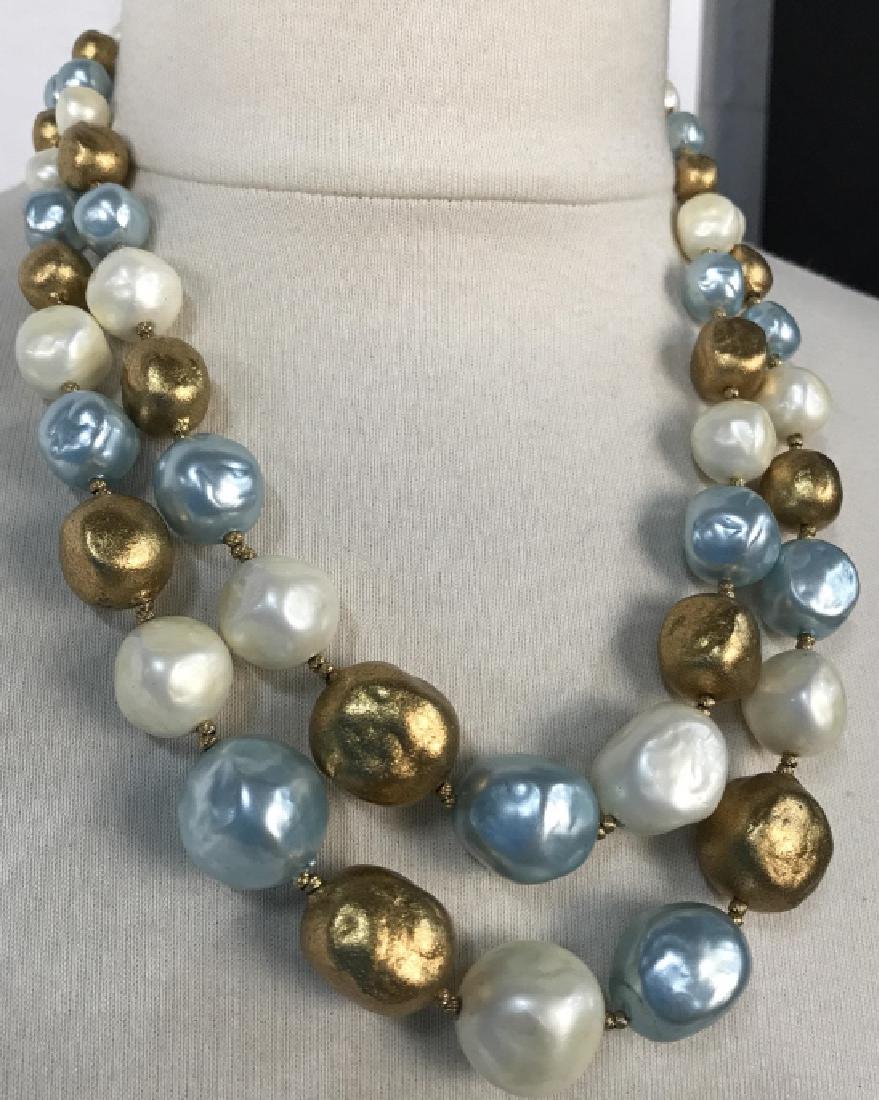 Baroque Style Bead Double Strand Necklace: Baroque Style Bead And Colored Double Strand Necklace, 17 in long adjustable, comprising graduating baroque style beads, Gold, Aqua, And Pearlescent, On Gold Toned Twisted wire, Good Condition, Baroqu