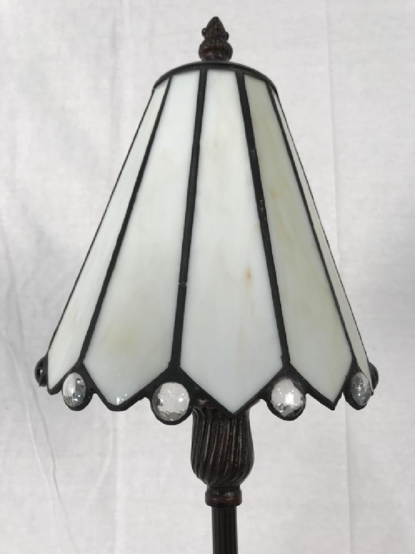 Stained Glass Style Lamp: Lamp shade has cream toned stained glass mimicking detail. Base and finial are brown toned & metal. Measures approx 32 inches tall 6 inches wide. Home lighting, home accessory, 6.