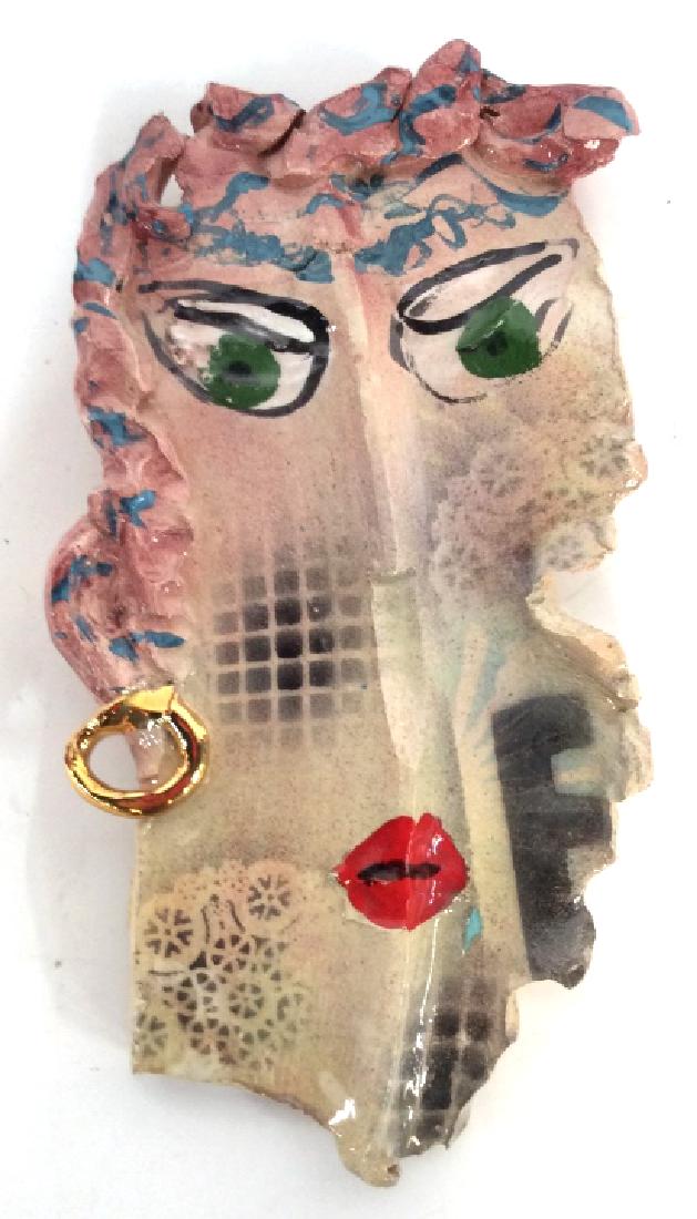 Signed Ceramic Art Face Caricature Sculpture: Wall art hand crafted hand sculpted Picasso style split face in whimsical caricature style, with large gold toned hoop earring, signed on back illegibly, Wall Sculpture, Artwork, Ceramic, measures app