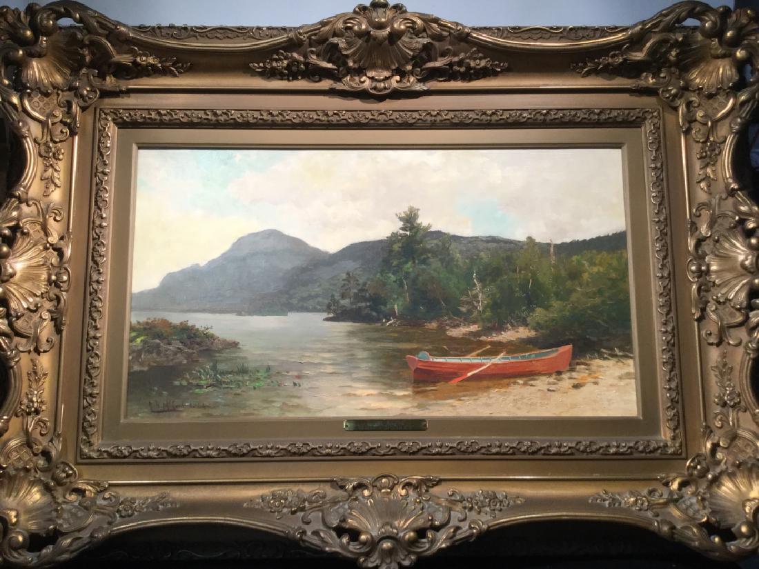 Signed George H. McCord Antique Oil Painting: Signed George H. McCord (American, 1848-1909) antique oil painting on canvas, titled ‘Quiet Hours.’ Artwork depicts a row boat along the water’s edge against a mountainous landscape. Artwork is 