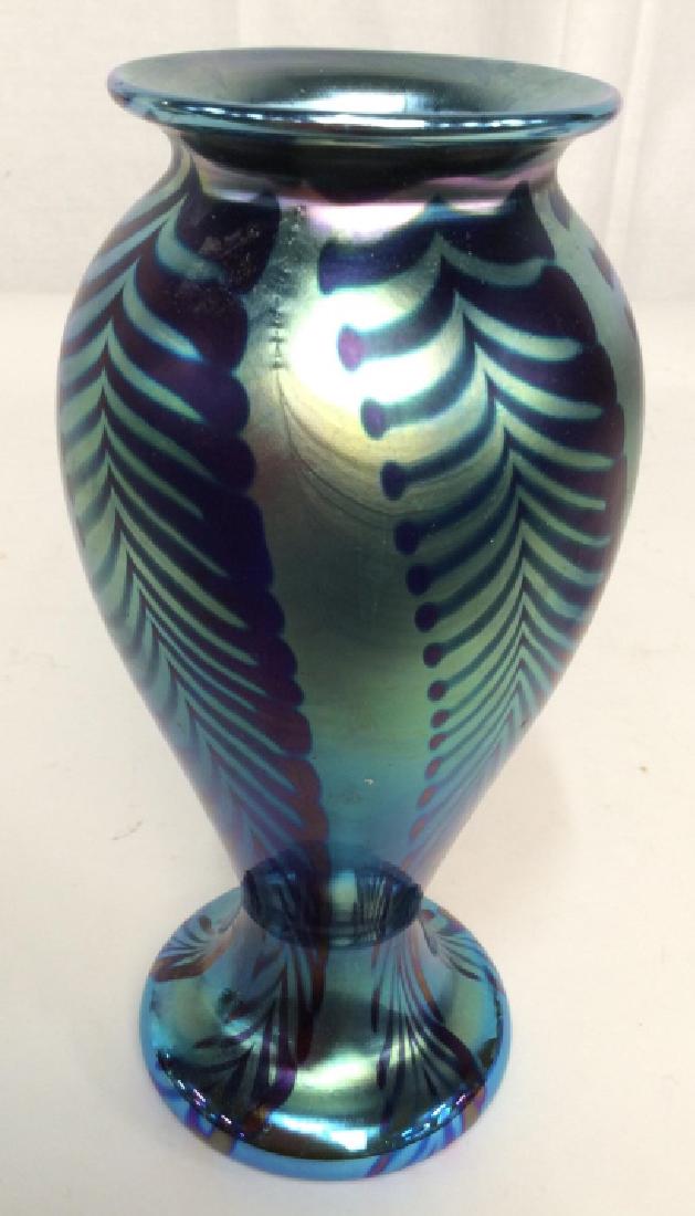CARLSON Signed Lusterware Art Glass: Hand blown art glass from the Oregon Studio Of Carlson, Signed underside dated ‘78 and numbered 5716, current editions at Corning Glass Museum, celebrated glass artist, iridescent art glass vase, ve