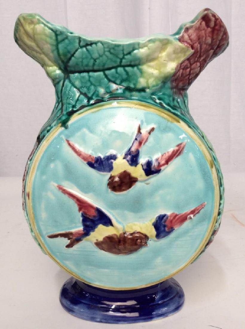 Majolica Ceramic Vase Vessel Fish Birds: Aqua blue green yellows and pinks, raised designs of fish and birds and leaf designs, collectible pottery, ceramics, tableware, decorative arts ht app 9.5 inches, width app 7 inches