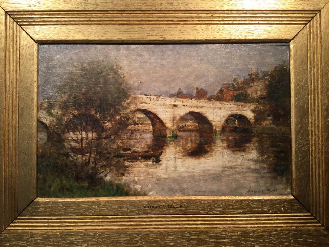 Signed ARTHUR G. BELL Antique Oil on Board: Signed ARTHUR G. BELL (British, 1849-1916) antique oil painting on board of bridge in town scene. Signed in lower right corner. Artwork is set in gold tone wood frame. Frame inscribed with artist’s 