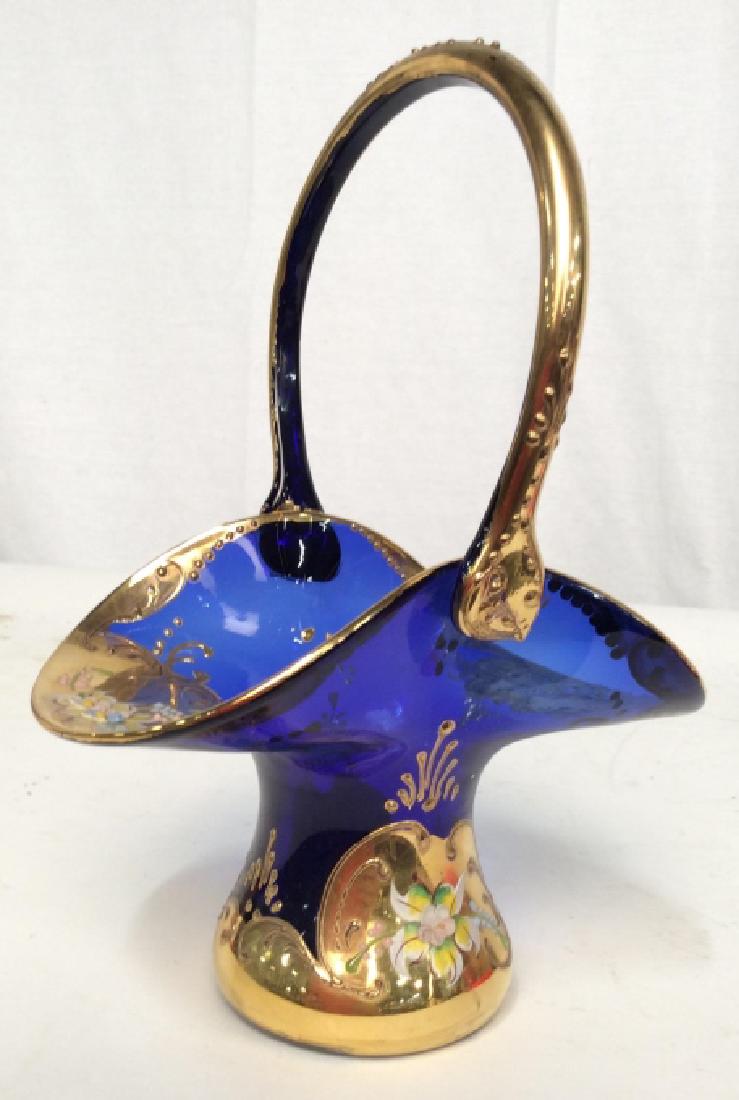 Vintage Blue Art Glass Basket: With gold Leafed paste up design and hand painted flowers, decorative accessory, tableware, collectible measures app ht 9 inches rim to rim app 6.5 inches