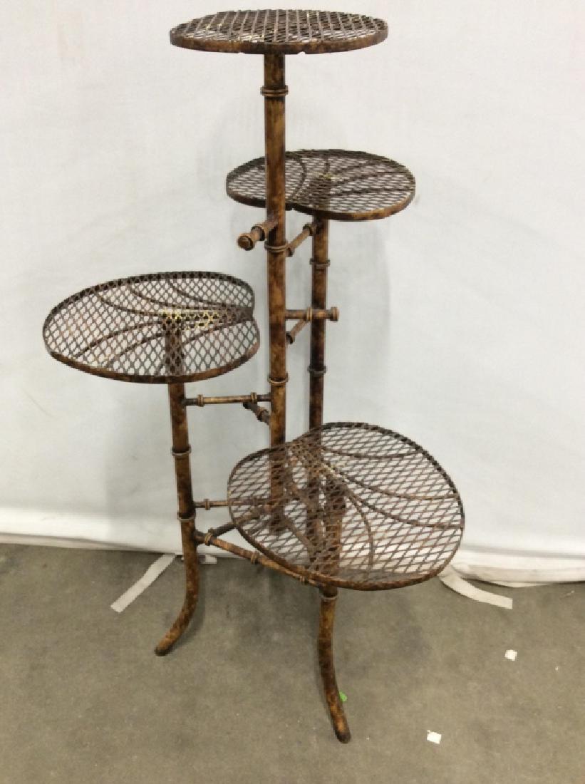 Bamboo Form Tiered Metal Iron Plant Stand: Iron furniture, Vintage plant stand in bamboo form with Lilly pad shaped shelves, four tiers,plant stand, display shelf, side table, measures ht app 39 inches, width shelf rim to shelf rim app 21 inch
