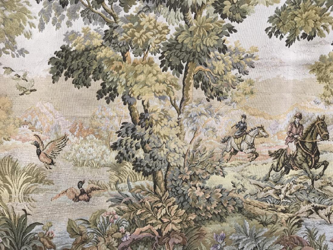 French Handmade Tapestry in Style of Aubusson: Late 19th / Early 20th century French handmade verdure tapestry in the style of Aubusson. Tapestry is woven wool possibly with woven silk highlights / details. Tapestry depicts hunters, hounds, and du