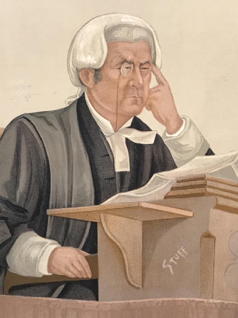 Satirical Vanity Fair Lithograph of Judge, c. 1891: Original Vanity Fair lithograph, titled ‘Judges. No. 35.’ Artwork depicts satirical illustration of ‘Bob,’ The Honorary Sir Robert Romer. Lithograph printed by Vincent Brooks Day & Son. Verso 