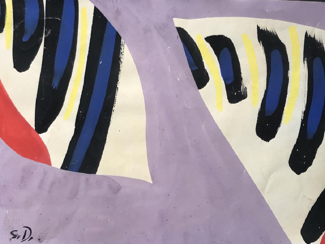 Initialed Painting, Attributed to SONIA DELAUNAY: Initialed original gouache painting on paper, attributed to SONIA DELAUNAY. Initialed ‘S.D.’ In lower left corner. Artwork depicts colorful abstract design resembling leaves or fins, mounted on bl