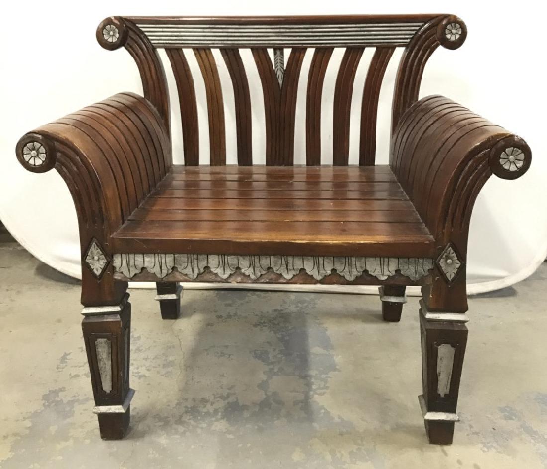 Scrolled Arm Hand Carved Wood Arm Chair, Signed: Signed sculptural style Asian style chair, Scrolled Arm Hand Carved Wooden Arm Chair with tapered legs In dark toned wood with carved floral and line design, slatted seat and back and silver toned pai