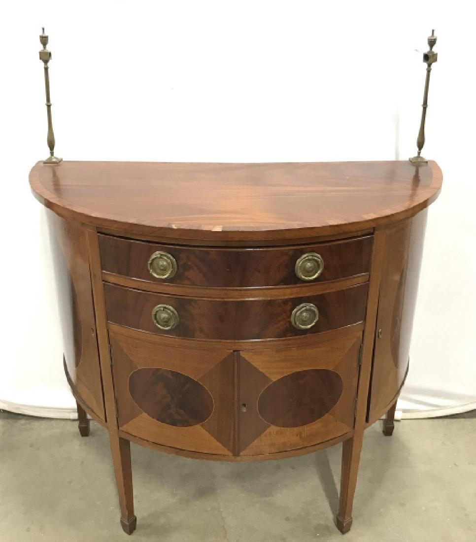 Mahogany Demilune Buffet W Marquetry, Parquetry: Mahogany wood Demilune buffet w marquetry, parquetry. Side board, server, buffet, cabinet, commode with partial brass gallery. Gallery has attached brass finials. Reproduction Sheraton style, two draw