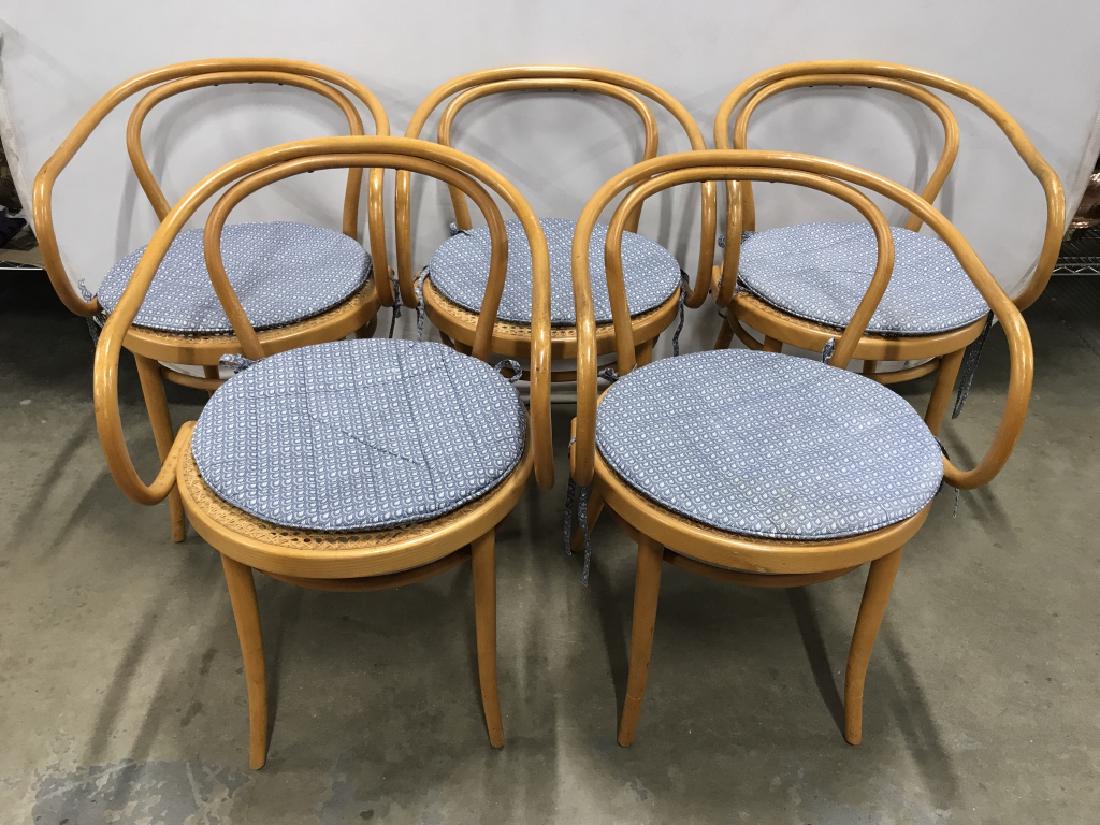 Set 5 LIGNA MCM Thonet Style Bentwood Cane Chairs: Set of 5 1950s, 1960s Mid-Century Modern Thonet B9 Style, Corbusier Style Bentwood Cane Chairs from Ligna. Light tone wood in composition. Chairs come with removable blue patterned seat cushions. Some