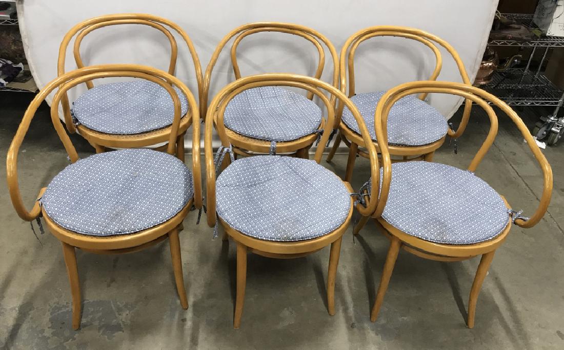 Set 6 LIGNA MCM Thonet Style Bentwood Cane Chairs: Set of 6 1950s, 1960s Mid-Century Modern Thonet B9 Style, Corbusier Style Bentwood Cane Chairs from Ligna. Light tone wood in composition. Chairs come with removable blue patterned seat cushions. Some