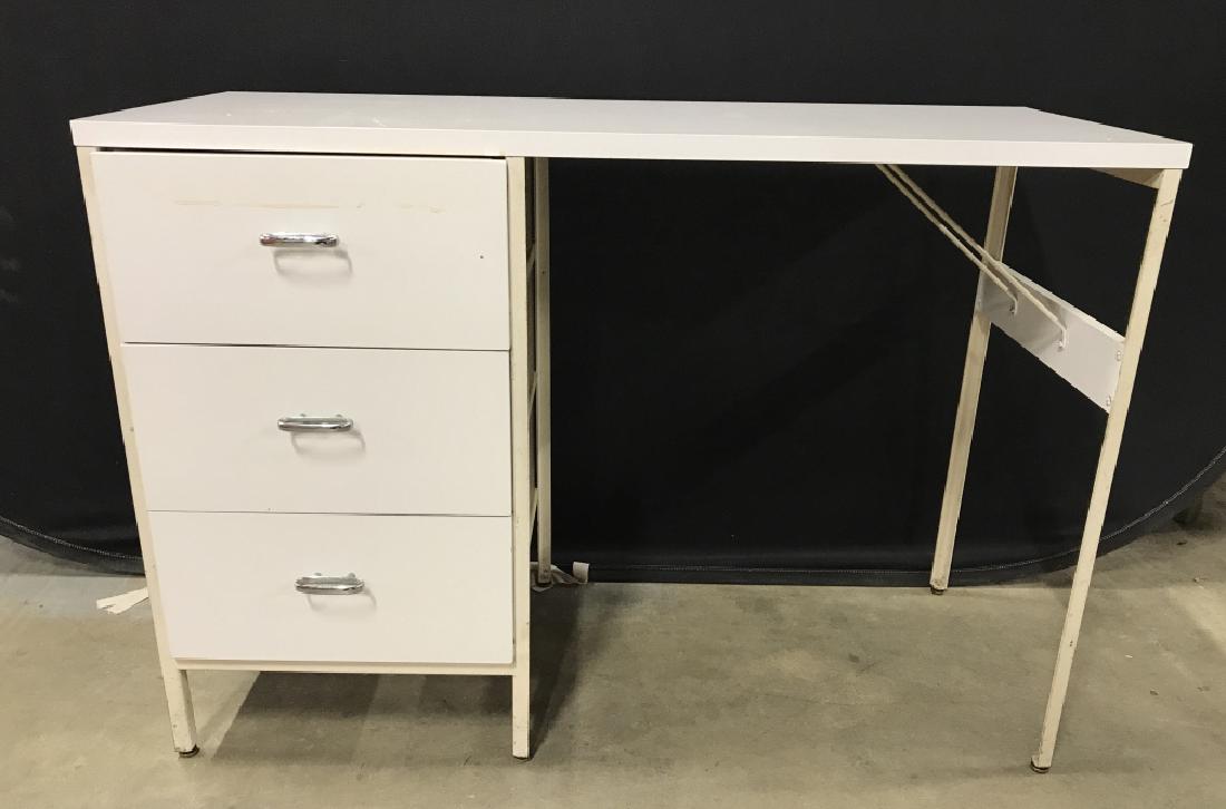 Mid Century Modern 3 Drawer Desk: MCM desk, Industrial modern desk, sleek design, Desk is white & grey toned. Each drawer has a silver toned metal handle. Desk is wooden and metal, MCM furniture. Measures approx 42 inches long 30 inch