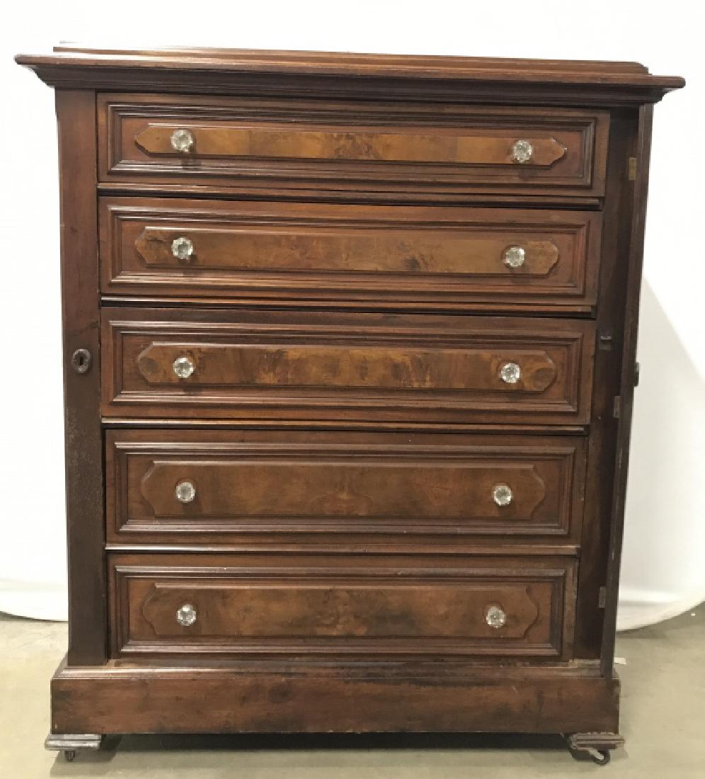 American Eastlake 5 Drawer Dresser: American Eastlake Modern Gothic style early 20th Century Five drawer dresser, lingerie Chest, with faux locks and faceted glass knobs, Dresser is wooden. Contains 5 drawers each with cut glass knob st