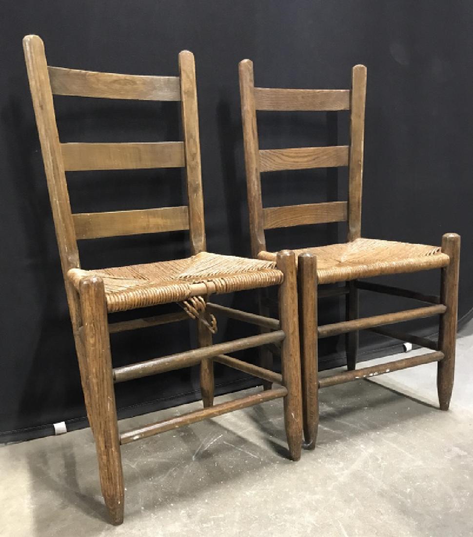 Vintage Pair of Ladder Back Hall Chairs,: Vintage a Pair of Ladder Back Hall Chairs, 35 in x 17 in x 17 in to top of seat, good condition, rush weaved seats, straight legs, 3 slats, small area of weaving missing, Pair, side chairs, Rushed fur