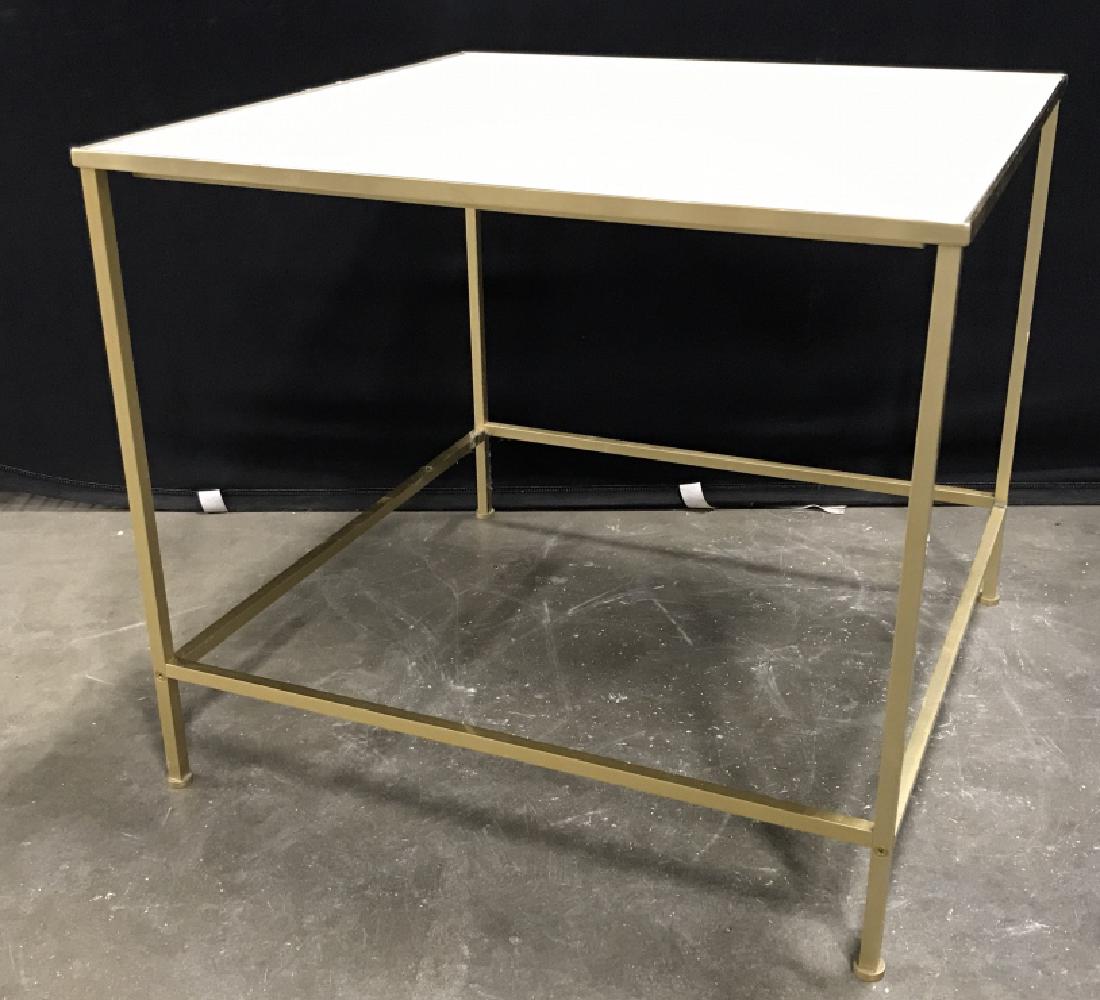 Mid Century Modern Metal and Glass Accent Table: Mid Century Modern Metal and Glass Accent Table, 21 1/2 in x 24 in square, gold toned Metal with white glass top, good condition, Mid Century, Modern, Accent Table, Side Table, Glass Top Table, Mallet