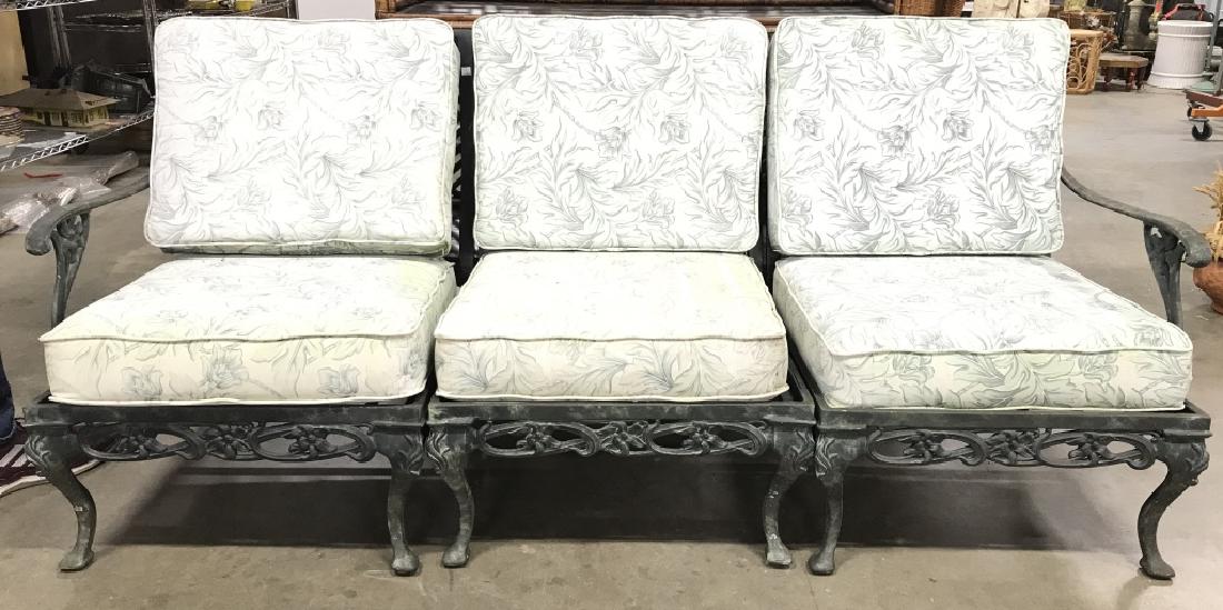 Set Brown Jordan 3 Outdoor Couch & Armchairs: All labeled for BrownJordan, Lot includes 1 outdoor metal couch which comes apart into 3 pieces, and 2 outdoor metal Armchairs, all pieces have cushions. Cushions have evident stains, needs cleaning. 