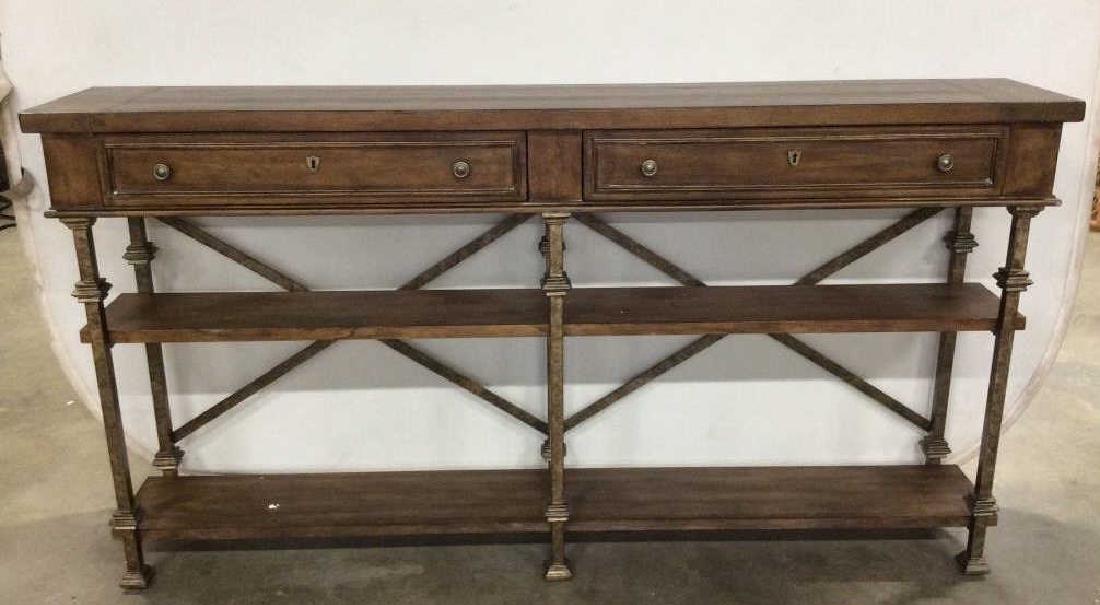 STANLEY FURNITURE Side Board / Console Table: Wood console table, sofa table, side board, serving table, two drawers at topp over two lower shelves and X styled back, Brass detailing, Brass feet, Property of Bedford New York Estate,Measures appro