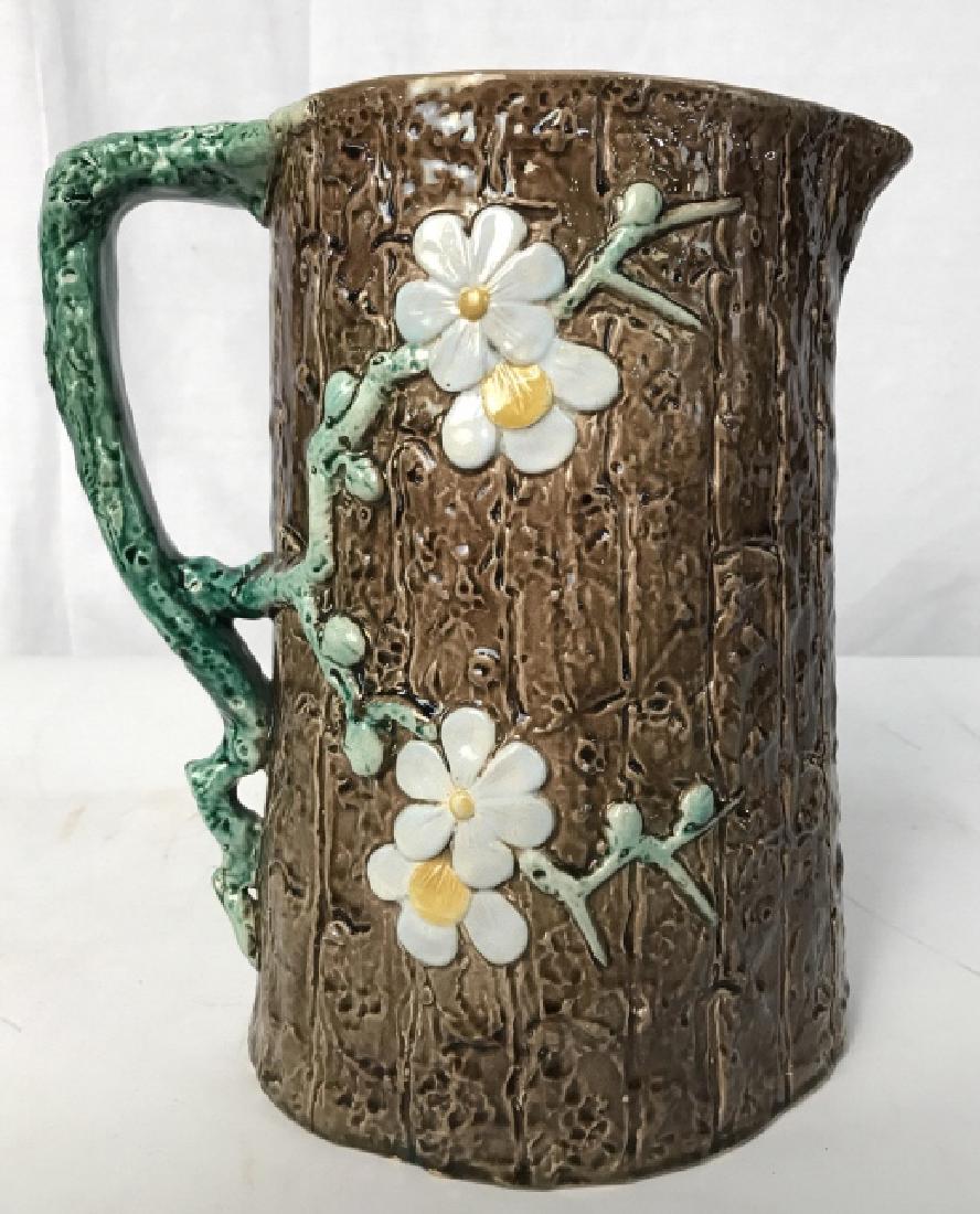 HOLDCROFT Signed Majolica Daisy Pitcher: Rich cocoa toned glaze with colorful vines Dogwoods, and faux bios design, Signed underside for Holdcroft, impressed marking, Pitcher, Vase, Vessel, Tableware, Decorative arts, collectible ceramics, p