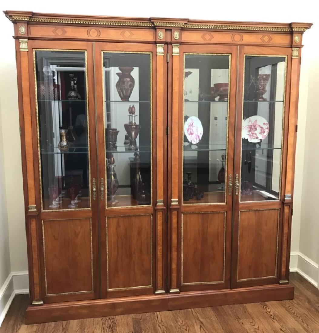 JOHN WIDDICOMB Display Curio Cabinet: JOHN WIDDICOMB Russian Empire 4 Door Curio Cabinet with Beveled Glass Doors, High Quality Construction, Large Impressive Cabinet, Lighted Interior, Fabric Lined Back, Walnut Inlay Accents On Cherry To