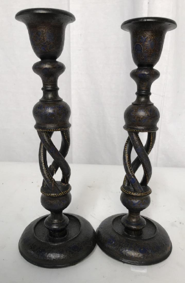 Pr Painted Open Twist Wood Candlesticks: Possibly far eastern, Possibly antique, pair of Candlesticks, tableware, decorative arts, arts and crafts, Hand Crafted, each Measures ht app 12 inches, property of Bedford New York Estate
