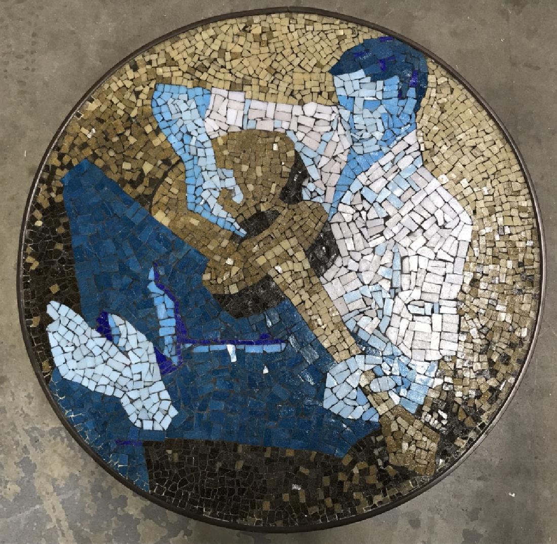 Artist Made Mosaic Portrait Tile Top Side Table: Artist made mosaic tile top side table depicting portrait of male guitarist, possibly Elvis Presley. Mosaic is made up of blue and beige brown tones. Table has iron metal base. Measures approx 24 inch