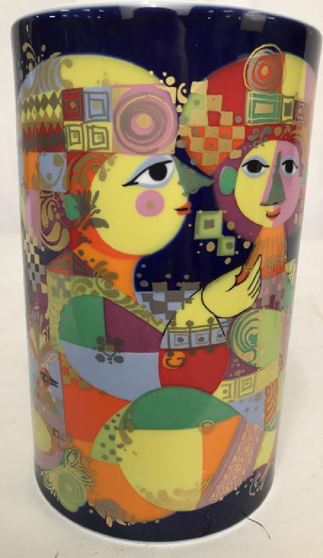 Rosenthal Bjorn Winblad Porcelain Vase: Signed on side of vase, Signed underside, Rosenthal, bjorn winblad, Germany, cylindrical vase, vessel, with whimsical bright Figurals, tableware, luxury designer porcelain measures app ht 8 inches, di