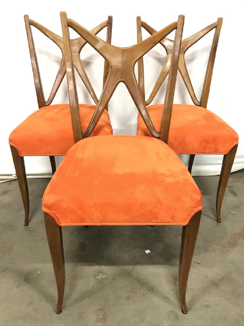 4 GIO PONTI Style Side Chairs W Orange Velvet Seat: GIO PONTI Style Side Chairs. Chairs are wooden, contain orange toned velvet upholstered cushions. Measures approx 35 inches tall 17 inches wide 18 inches deep. Mid century modern furniture, mcm dining