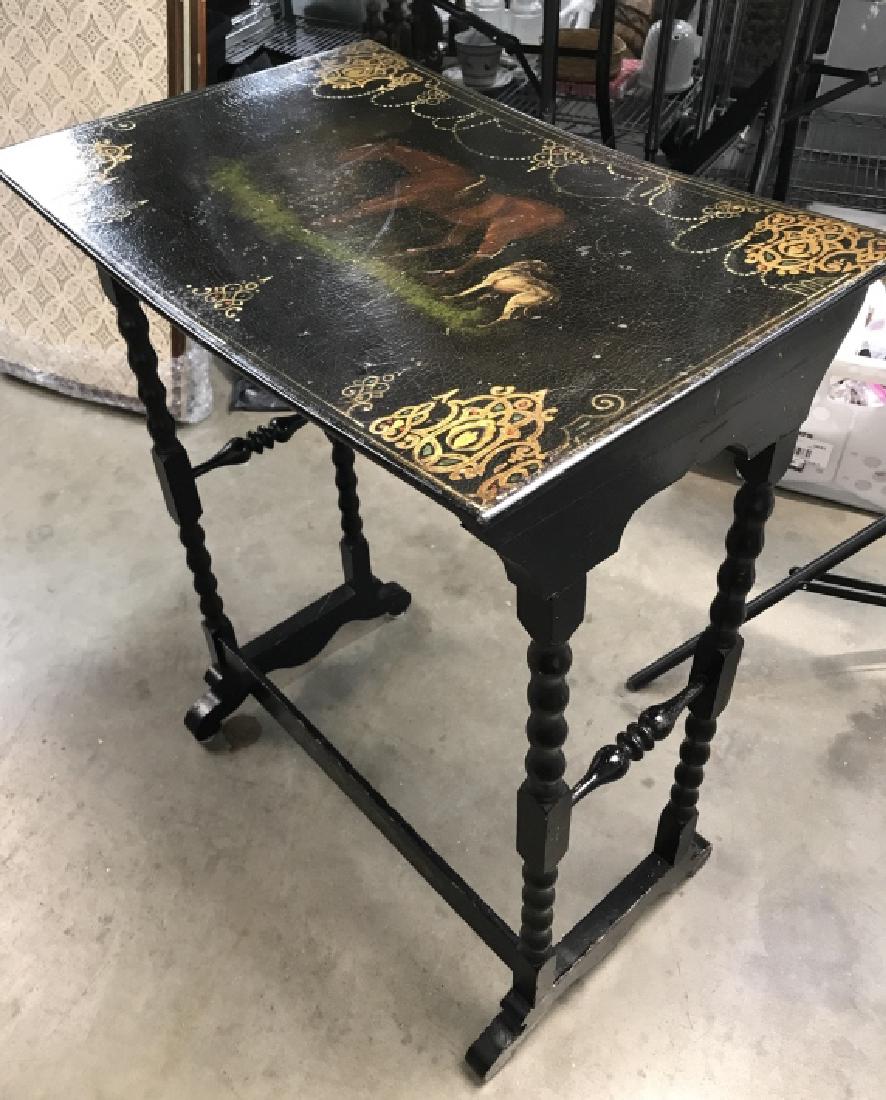 Antique Painted Horse Side Table: End Table, occasional table, antique table, painted black with horses and scroll work, gold leaf, needs re attachment top to legs, has crackling, measures ht 28.5 inches,top measures 22.5 by 16 inches