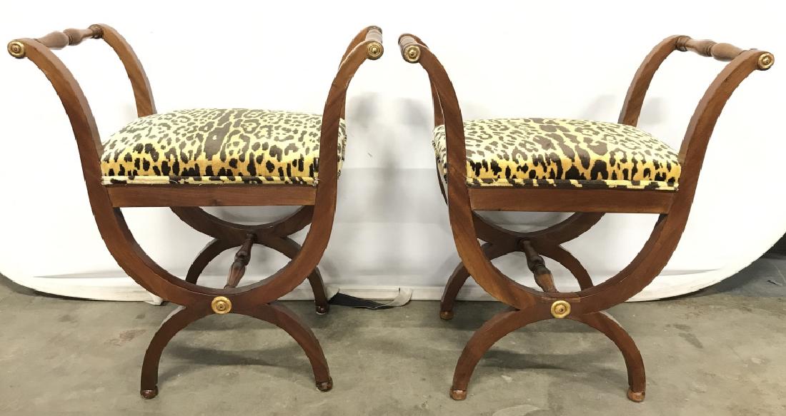 2 DorothyDraper Style Cheetah Print Upholstered Benches: 2 Dorothy Draper Style Regency Style Cheetah Print Upholstered Benches, cheetah print Clarence House silk velvet, possibly recovered antique benches, brass florette details. Benches have carved wooden