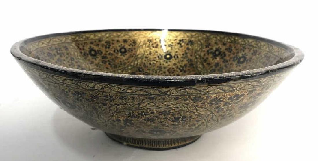 Asian Antique Black Gold Lacquer Centerpiece Bowl: Intricate black and gold lacquer, short pedestal base, tray, bowl , centerpiece, Asian tableware, Asian decorative arts, Asian arts and crafts, orientalist, orientalia, measures ht app 4.5 inches, dia