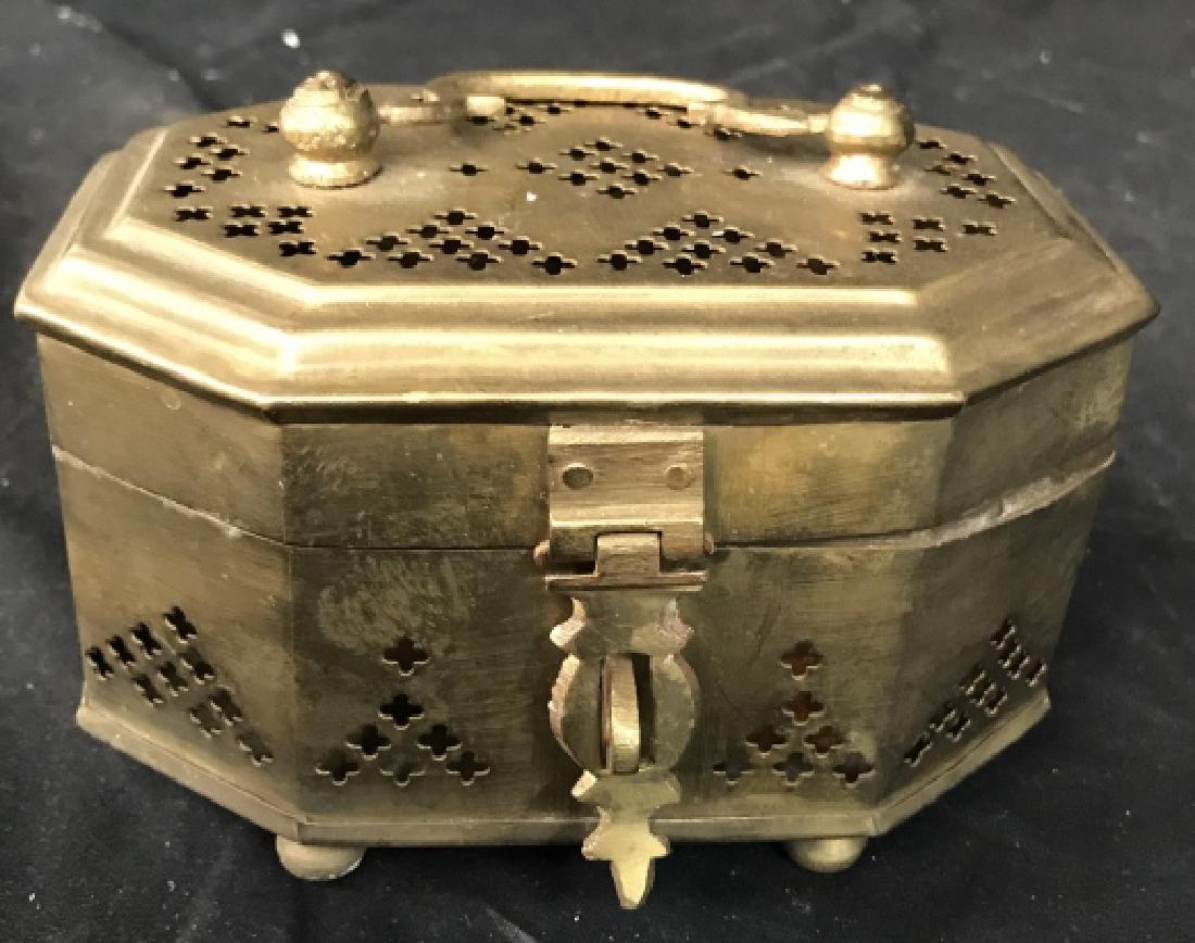 Asian Gold Toned Metal Pierced Footed Box: Lidded Box, trinket Box, pierced box as Censer, decorative accessory, gold toned metal measures app 4.5 inches ht width app 7 inches
