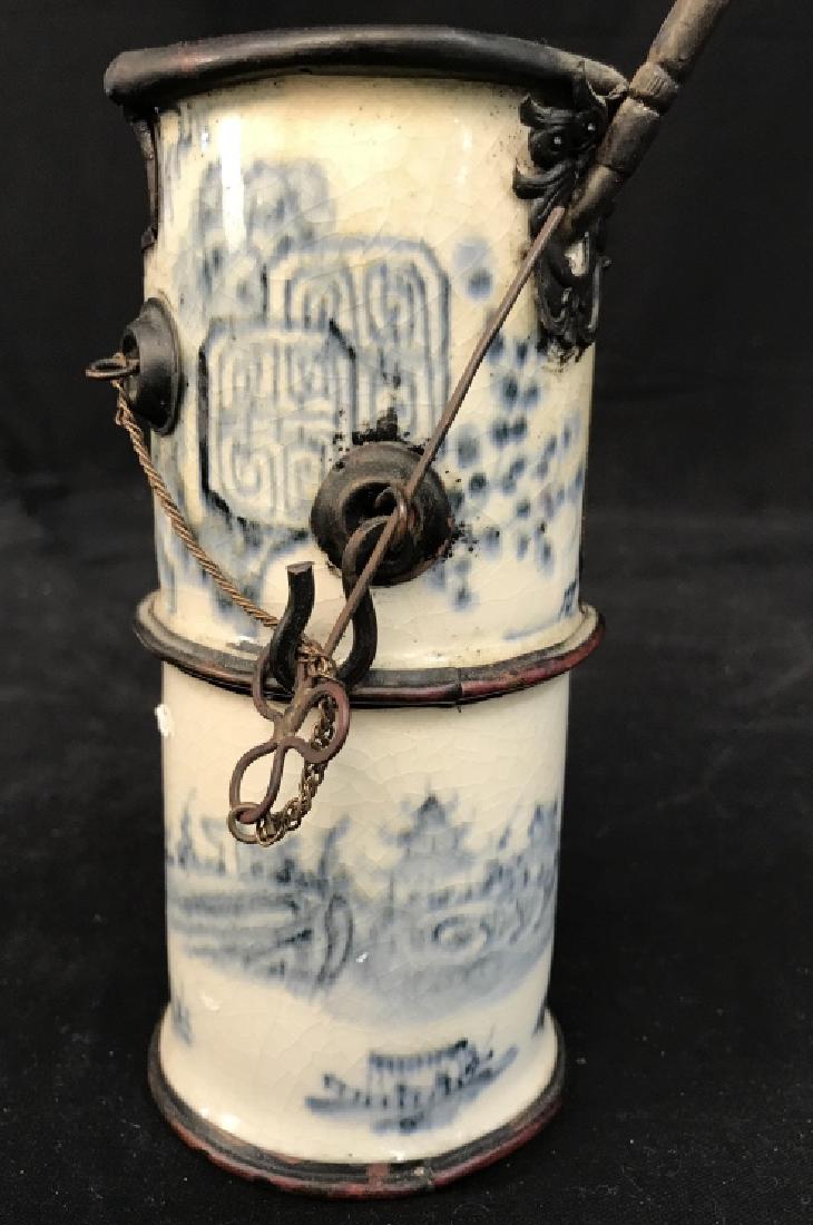 Signed Old Chinese Porcelain Smoker Pipe: Blue and white porcelain framed cased in metal, with long stem app 12 inches, metal and porcelain stopper, chain with scroll worked metal tooth pic attachment, vintage Chinese porcelain, possibly anti