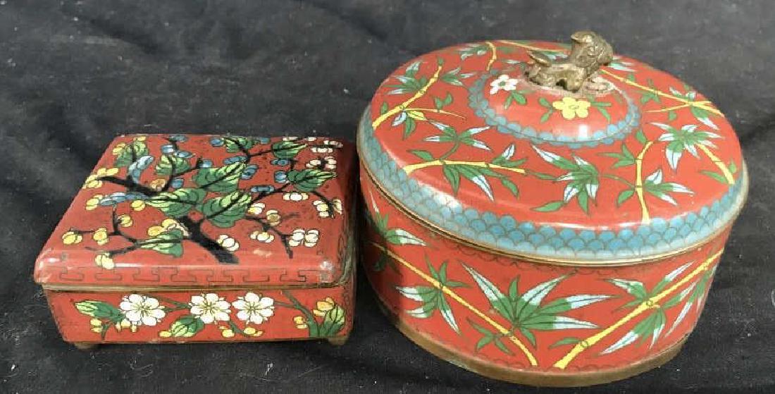 2 Antique Chinese Cloisonee Metal Jewelry Boxes: Antique, Trinket boxes, desk accessories, antique painted metal boxes, chinoiserie, larger measures diameter app 6 inches ht 4.5 inches with animal figural finial, ,Chinese arts and crafts, cloisonné