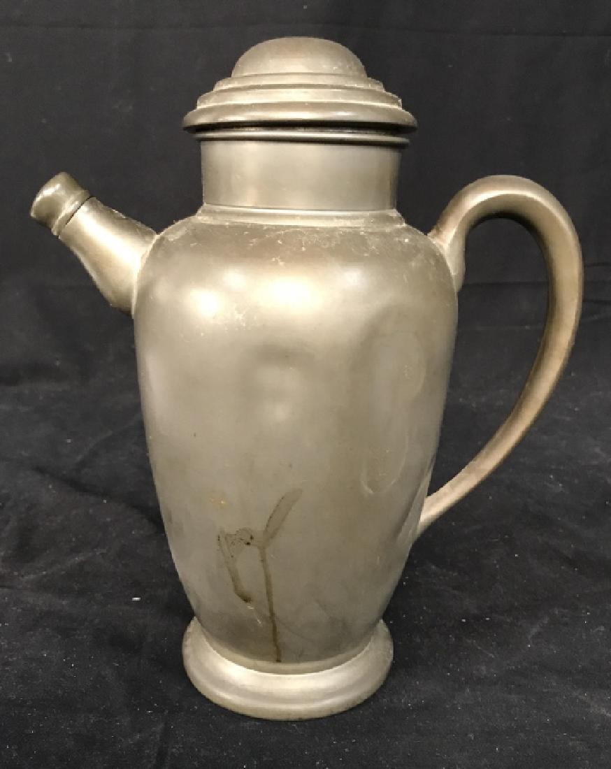 Signed Early Pewter Metal Ware Coffee Pot Vessel: Pewter Vessel, carafe, thermos, vase up cycle, Marked trademarked underside illegibly, has cap cover and spout cover, early tableware, kitchen accessory, measures app ht 10 inches spout to handle app 
