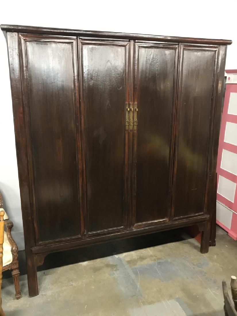 Vintage Grand Chinese Wardrobe Wedding Chest: Vintage Poss Antique Grand Chinese Wardrobe Wedding Chest In dark toned wooden finish, brass toned hardware, two interior drawers and four adjustable interior shelves, measures approximately 87.5 inch