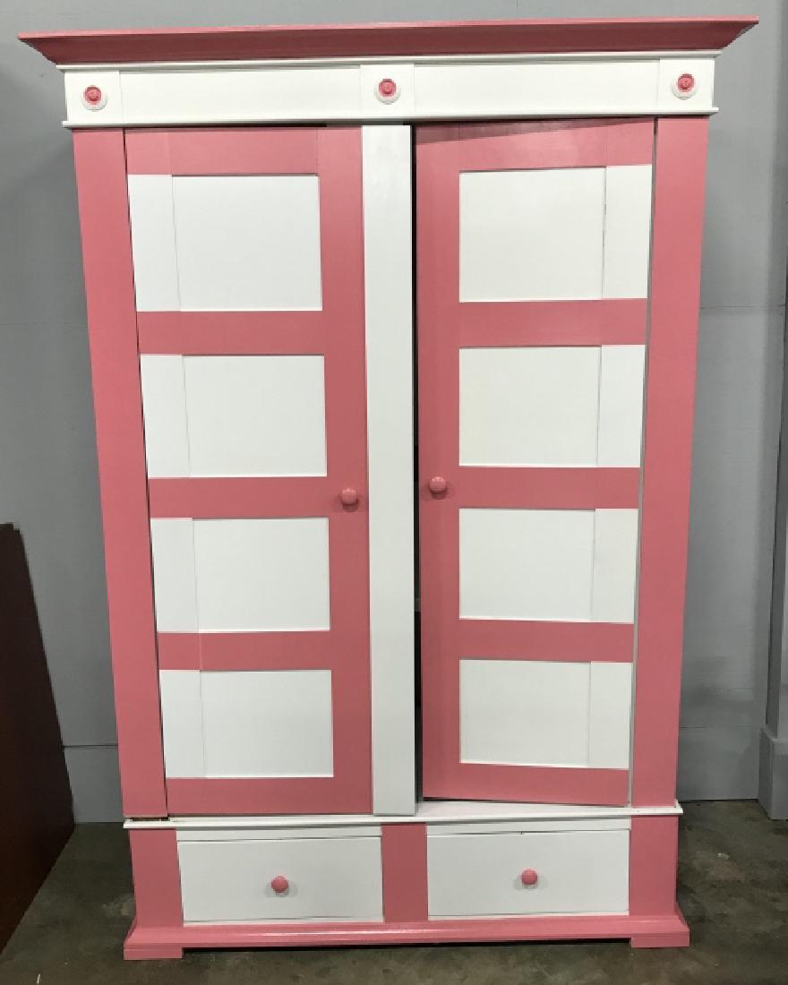 Painted Biedermeier Cabinet Armoire: Painted Biedermeier Cabinet Armoire In white and pink toned painted finish, comes apart in pieces, needs reassembling, measures approximately 79 inches tall x 55 inches wide x 23 inches deep, some sur
