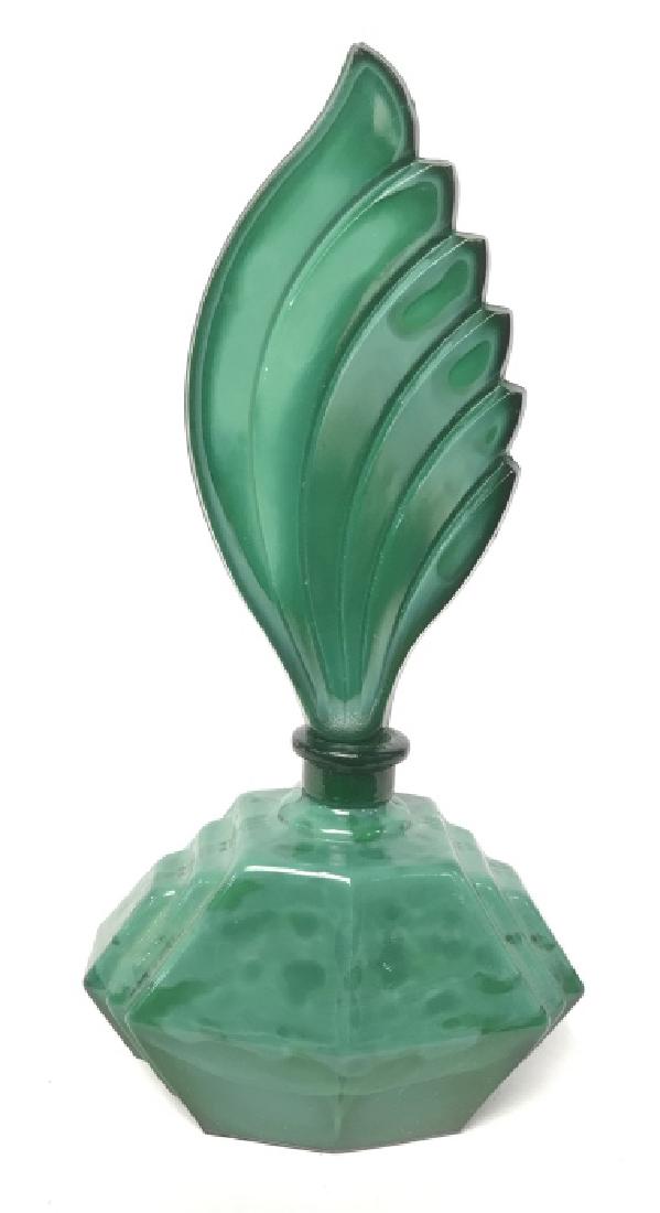 Art Deco Malachite Perfume Bottle: Green glass and malachite Stone bottle Art Deco design, art glass, collectible perfume bottle, collectible accessory, measures app ht 8 inches width app 4 inches