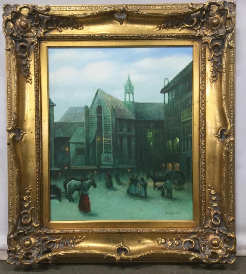 Signed NICHOLAS Oil On Canvas in Gilt Frame: Signed Oil On Canvas Painting Of European village. Signed Nicholas in lower right corner. Gold tone painted wooden frame with floral applique in style of carved wood, chip to floral applique on frame 